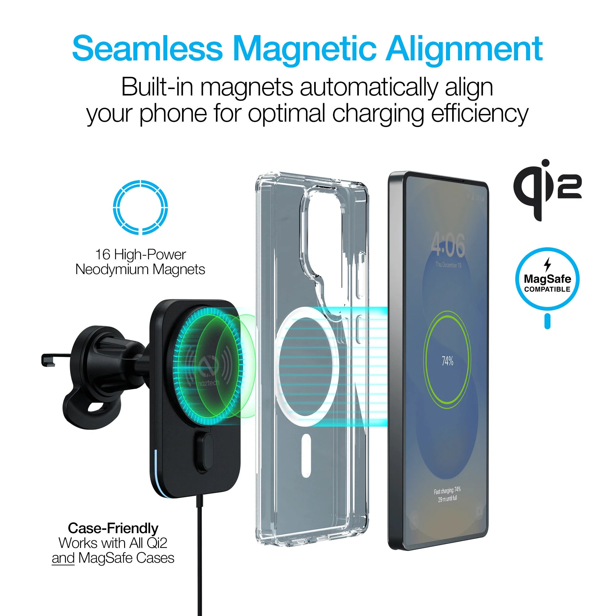 Naztech Maglock CAR 15W Magnetic Wireless Fast Charging Vent Mount with Qi2 Technology