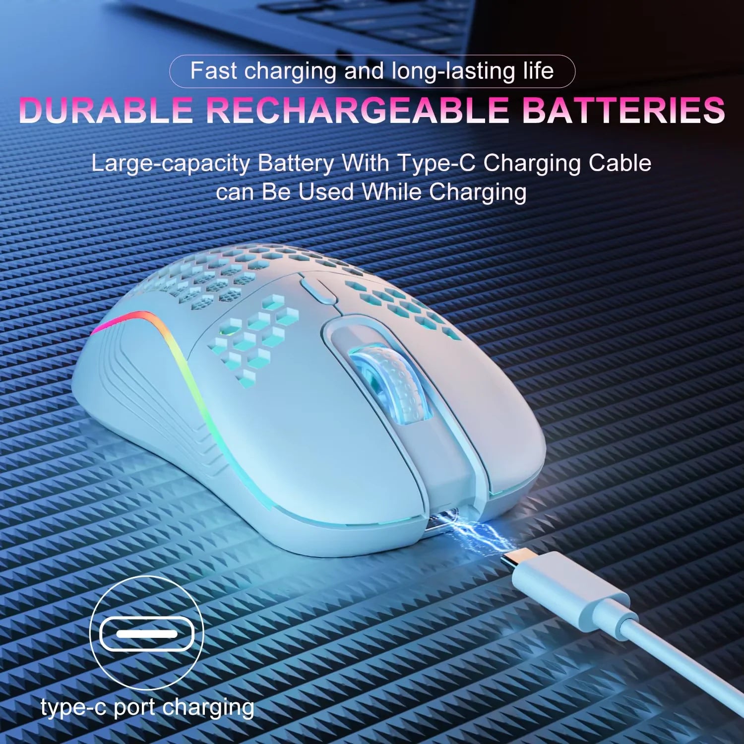 Wireless RGB Backlit Gaming Mouse with 6 Buttons, 3-Speed DPI, Type C Rechargeable, Ergonomic Honeycomb Design