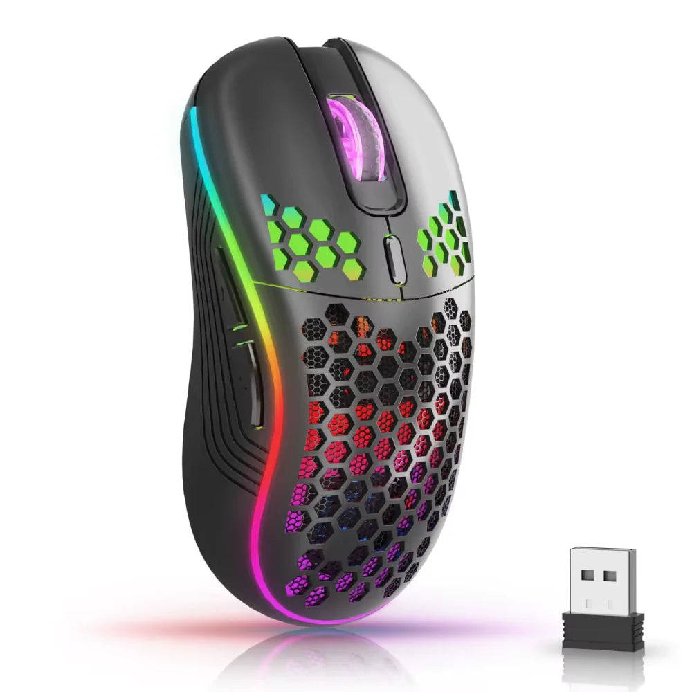 Wireless RGB Backlit Gaming Mouse with 6 Buttons, 3-Speed DPI, Type C Rechargeable, Ergonomic Honeycomb Design