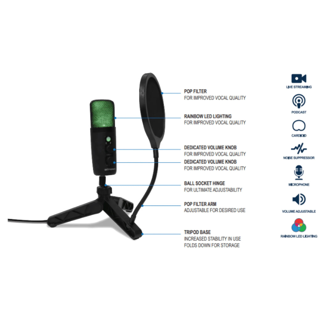Emerson Professional USB Condenser Microphone for Gaming and Streaming with LED Illumination