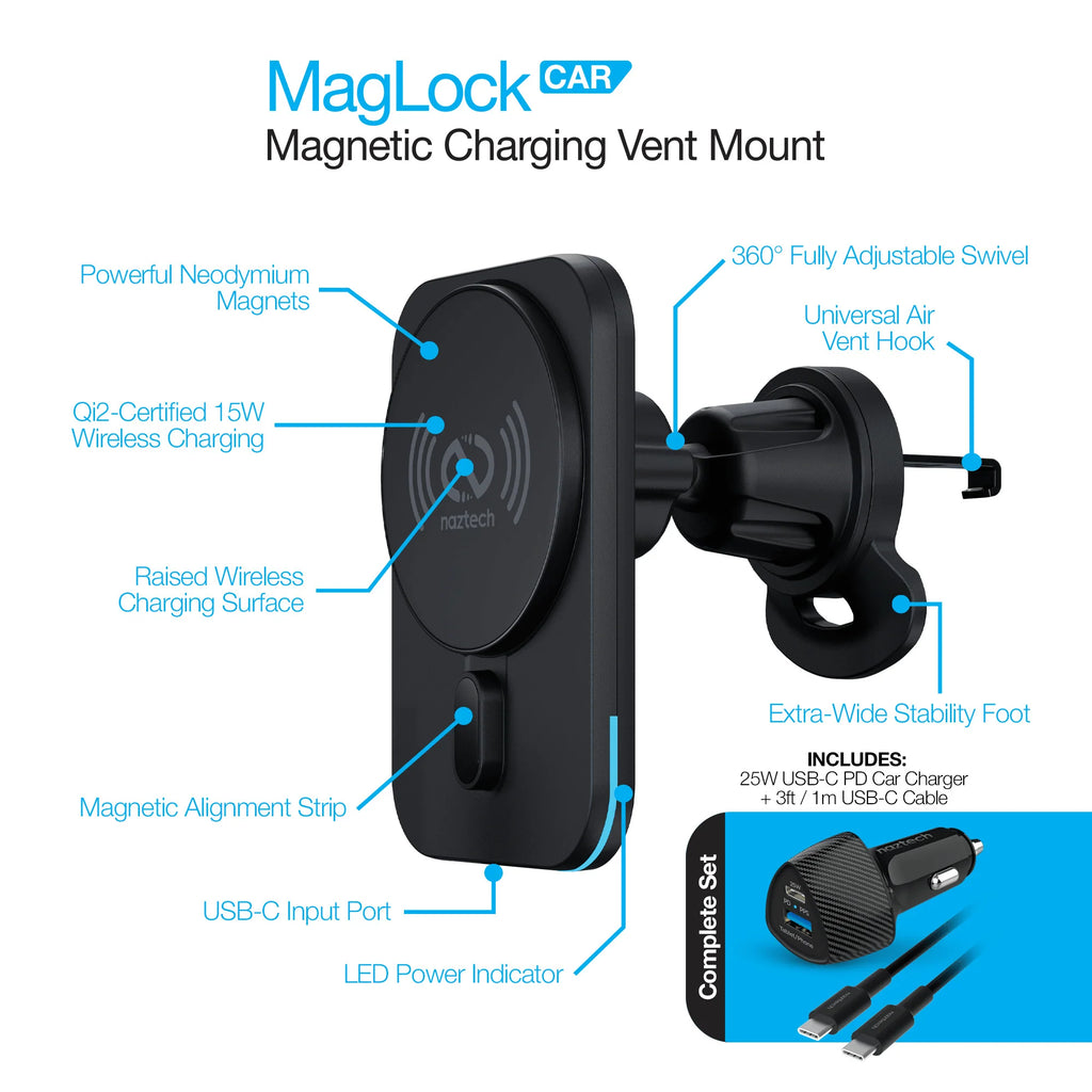 Naztech Maglock CAR 15W Magnetic Wireless Fast Charging Vent Mount with Qi2 Technology